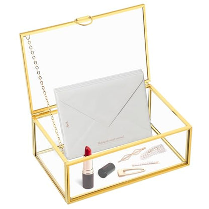 NATGAI 5.7" Small Glass Jewelry Box Golden Card Box Vintage Lidded Box - size: 5.7x3.5x2 in
