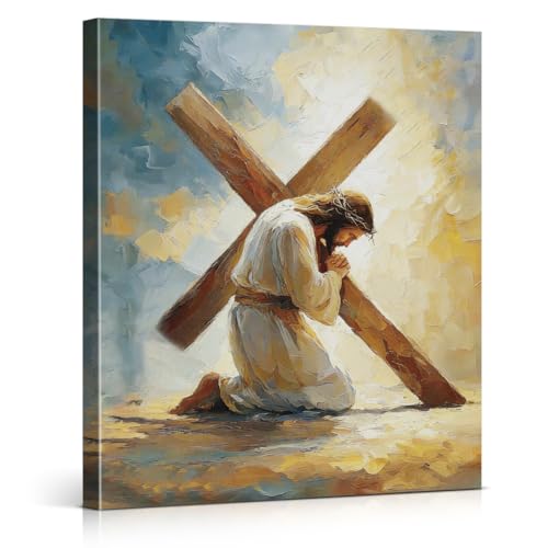 Christian Jesus Carrying the Cross Wall Art Print - Jesus Cross Canvas Picture Painting Religious Wall Decor for Home Prayer Room 8x10 Framed - color: color-T