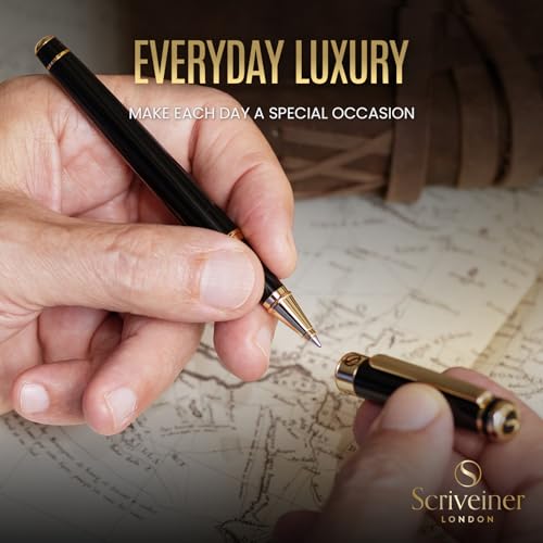 Scriveiner Personalized Black Rollerball Pen - Stunning Luxury Pen, Jet Black Lacquer & Real Gold Plating, Schmidt Ink Refill, Best Engraved Roller Ball Gift for Men & Women, Custom Name Engraving - color: Black with Gold (Personalized)