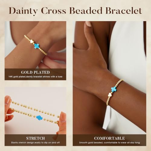 Turandoss Gold Cross Bracelet for Women Heart Beaded Bracelet Faith Jewelry - color: Turquoise Cross Bracelet
