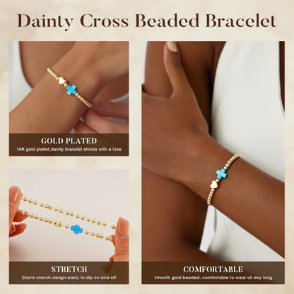 Turandoss Gold Cross Bracelet for Women Heart Beaded Bracelet Faith Jewelry - color: Turquoise Cross Bracelet