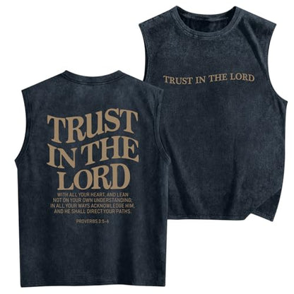 Mens Christian Tank Tops Trust in The Lord God Jesus Religious Faith Bible Verse Shirts Graphic Acid Wash Gym Tees - color: Denim Blue, size: Small