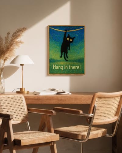 WHASAYART Funny Black Cat Hanging with Uplifting, Hang in There Quote Framed Wall Art, 12x16 Positive Inspirational Cute Animal Canvas Print, Motivational Pet Painting Room Bedroom Office Wall Decor - color: Hanging