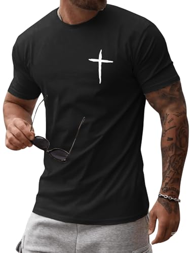 Mens Short Sleeve Cotton T-Shirts Crew Neck Jesus Cross Printed Shirts Faith Christ Shirts - color: Black, size: Medium