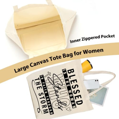 Christian Gifts for Women, Floral Faith Canvas Tote Bag, Faith Gifts for Women Mom Inspirational - color: Blessed 767