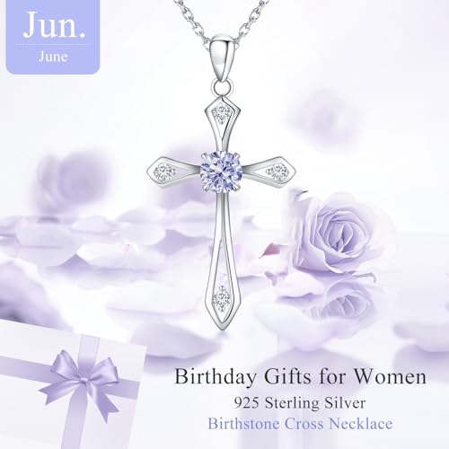 Cross Necklace for Women,925 Sterling Silver Faith Jewerly Gift - color: 06-June-Alexandrite