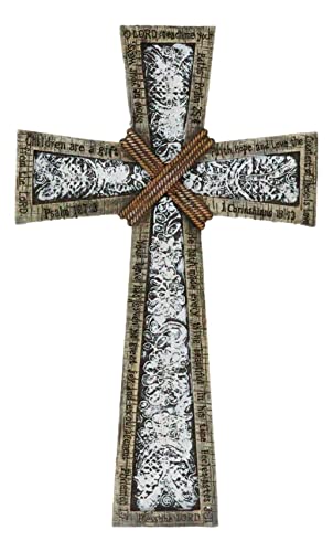 Ebros Gift 16" Tall Rustic Western Faux Wooden Holy Bible Scriptures with Braided Ropes and Ornate White Lace Stencil Antique Design Decorative Wall Cross Hanging Decor Plaque