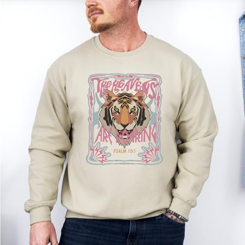 FITIN Unisex The Heavens Are Roaring Psalm 19:1 Sweatshirt – Christian Tiger Graphic Faith Crewneck - color: Sand, size: Medium