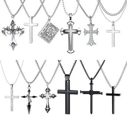 ywevyezc 12/24PCS Cross Necklace for Men, Mens Necklaces Jewelry Set Silver Chain Stainless Steel Cross Pendant Goth Necklace for Boys 16-24 inches Chain - style: 12pcs Men's Necklace