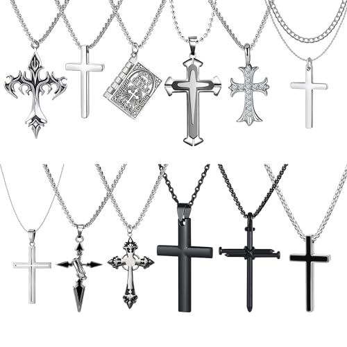 ywevyezc 12/24PCS Cross Necklace for Men, Mens Necklaces Jewelry Set Silver Chain Stainless Steel Cross Pendant Goth Necklace for Boys 16-24 inches Chain - style: 12pcs Men's Necklace