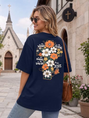 Christian Shirts Women Oversized Jesus God T Shirts Bible Verse Tees Tops - color: A-navy, size: X-Large