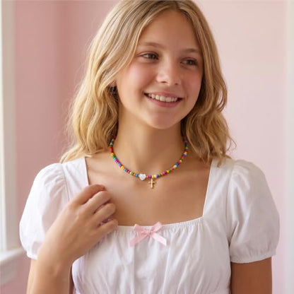 WomenGifts Colorful Beaded Cross Pendant Necklace, Trendy Heart Choker Jewelry for Teen Girls Women, First Communion Confirmation Baptism Catholic Religious Perfect Valentine's Gifts - color: Gold