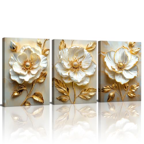 WENGTIAO Modern White Floral Golden Leaves Canvas Wall Art Set 20x28 x3Pcs - color: Flower-golden leaf, size: 20"x28"x3Pcs
