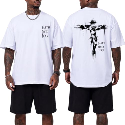 BINTEHGS Christian Faith Over Fear Shirt Jesus Cross T Shirts for Mens Oversized Religious Tshirts God Vintage Graphic Tee - color: White, size: X-Large