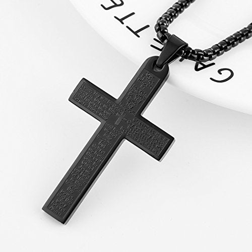 HZMAN Stainless Steel Cross Necklace for Men Women Lord's Prayer Pendant - color: Black