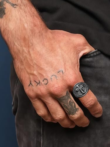 Christian Cross Rings for Men - Stainless Steel Jesus Jewelry with Celtic Knot Sides (Gold/Black/Silver) - Catholic Religious Gift, Size 7-13 - color: E-Black-Jesus