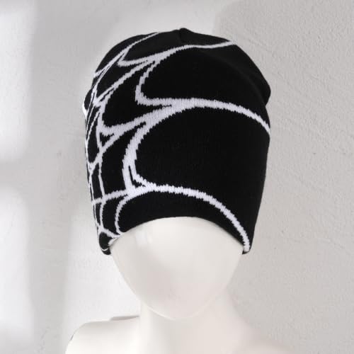 Unisex Stretch Warm Winter Skull Cap, Cold Weather Knit Beanie - color: White Spider Web Pattern