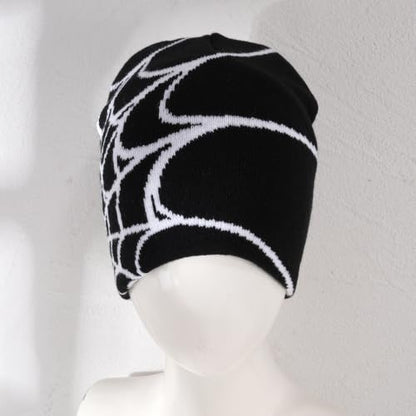 Unisex Stretch Warm Winter Skull Cap, Cold Weather Knit Beanie - color: White Spider Web Pattern