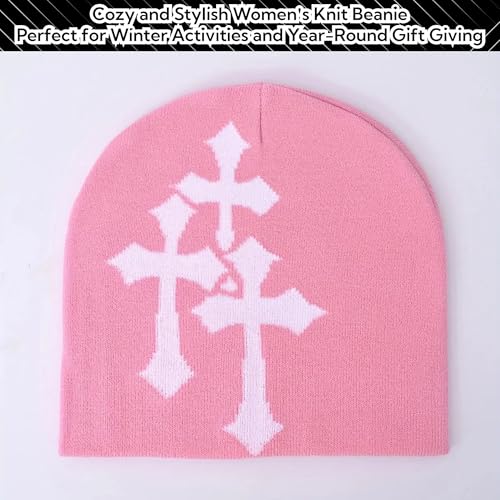 Fashion Knit Beanie with Cross Pattern Y2K Unisex Soft Jacquard Cap Popular Hip-Hop Cool Street Outdoor Sports Earflap Hat - color: Pink