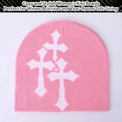 Fashion Knit Beanie with Cross Pattern Y2K Unisex Soft Jacquard Cap Popular Hip-Hop Cool Street Outdoor Sports Earflap Hat - color: Pink