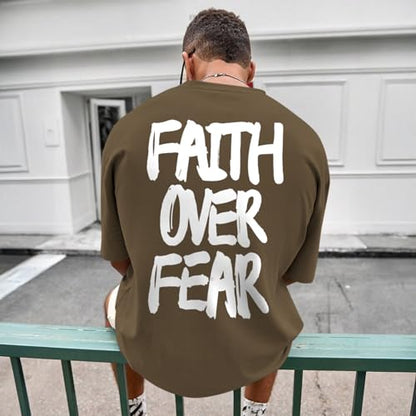 Christian Jesus Shirts for Men Faith Over Fear Shirt God Religious Bible Verse Inspirational Oversized Graphic Tees - color: Brown, size: Small