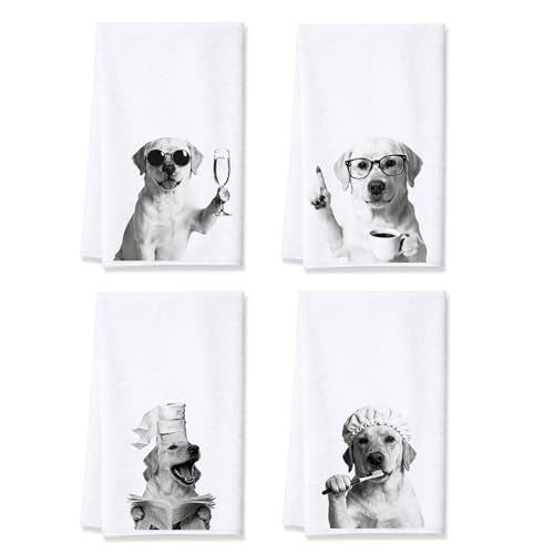 Labrador Kitchen Towels Set of 4, Funny Dog Dish Towels - color: Yellow Labrador