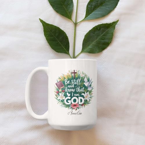 Custom Name Christian Religious Coffee Cup, Floral Wreath And Doves Design Mug, Personalized Christian Ceramic Cup 11oz 15oz, Bible Verse Accent Mug, Customized Christian Cup For Men Women - color: HOA-624-2164-THAT I AM GOD MUG