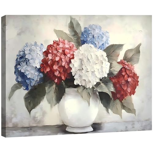 RIBNTAK Patriotic Hydrangea Wall Art USA Red White Blue Flower Vase Print Pictures Wall Decor Canvas Painting Artwork Decorations for Bedroom Bathroom Kitchen Living Room,Made in USA - color: Picture 10, size: 8"L x 12"W
