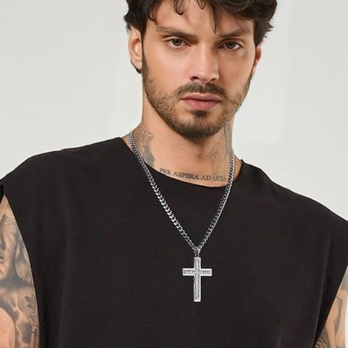 HZMAN Cross Necklace for Men Stainless Steel Cross with Cubic Zirconia Inlay Pendant Necklace with 7mm Cuban Chain 24In - color: Silver