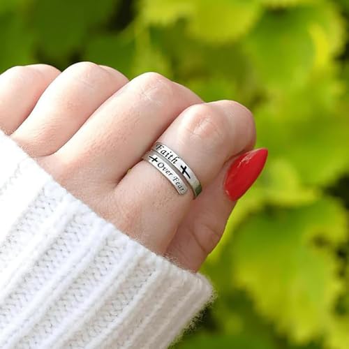 Faith Over Fear Cross Inspirational Rings, S925 Silver Adjustable Tiny Purity Christian Wrap Ring Christian Blessed Hope Encouragement Ring Christmas Graduation Cocktail Party Jewelry Gifts for Women - color: Silver