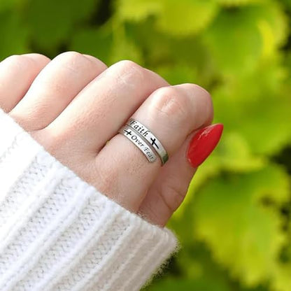 Faith Over Fear Cross Inspirational Rings, S925 Silver Adjustable Tiny Purity Christian Wrap Ring Christian Blessed Hope Encouragement Ring Christmas Graduation Cocktail Party Jewelry Gifts for Women - color: Gold