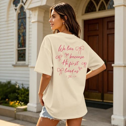 Christian Faith Bow Shirts for Women Cute Coquette Shirt Jesus Religious Tshirts Bible Verse Oversized Graphic Tee - color: Apricot, size: Small
