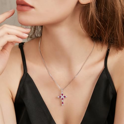 925 Sterling Silver Cross Necklace for Women，Birthday Delicate Star Cross Necklace Jewelry Gifts for Women，Birthstone Religious Jewelry for Mom, Chain 18 inch - color: G. 7. Red-July-Ruby