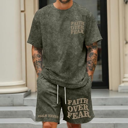 Men's Christian Shirt and Shorts Set Oversized Faith Over Fear T Shirt Washed Religious Bible Verse 2 Piece Outfits - color: Army Green, size: XX-Large