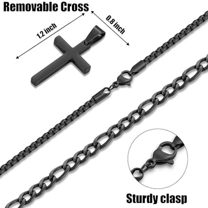 Fiusem 2 Pcs Cross Necklace Chain for Men, Stainless Steel Pendant - color: Black, size: 18 /20 Inches