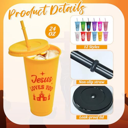 Cinrobiye 24 Pcs Christian Tumblers Bulk 24 oz Bible Verse Cups with Lids and Straws Religious Drink Cups for Church Gifts VBS Gifts Sunday School Events Faith-Based Party Favors