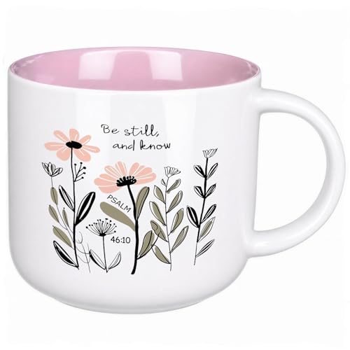 13.5 oz Round Ceramic Mug with Pink Interior, Be Still and Know Psalm 46:10 Text, Double-Sided Print, Microwave Safe, Christian Coffee Cup for Women