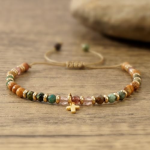 Christian Easter Gifts for Women,Cross Natural Stone Beaded Bracelet,Inspirational Religious Jewelry Gift - color: First Communion