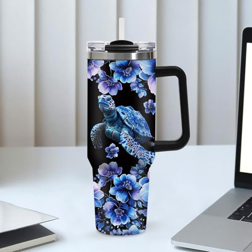 40oz Dark Mystical Sea Turtle Tumbler with Straw, Goth Blue Floral Ocean Gifts for Women Girls, Black Aesthetic Stainless Steel Insulated Travel Coffee Mug with for Teens Sister Cool Bestie Birthday - color: Sea Turtle-D-174