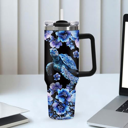 40oz Dark Mystical Sea Turtle Tumbler with Straw, Goth Blue Floral Ocean Gifts for Women Girls, Black Aesthetic Stainless Steel Insulated Travel Coffee Mug with for Teens Sister Cool Bestie Birthday - color: Sea Turtle-D-174