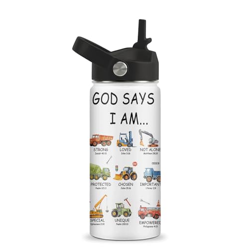 Christian Gifts for Kids - 16oz God Says I Am Construction Truck Water Bottle with Straw Lid - Christian Stainless Steel Kids Insulated Cup for School, Sports, Travel Tumbler for Trucks Lovers, Boys - color: Construction Truck God01, size: 16 Ounces