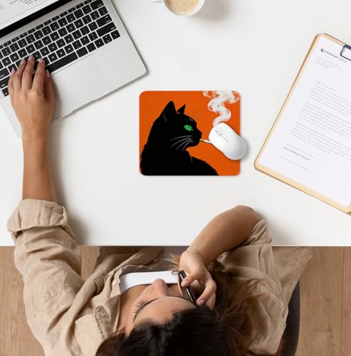 Funny Black Cat Mouse Pad for Desk, Black Cat Lover Gifts, Mid Century Modern Kitty Mousepads with Anti-Slip Rubber Base for Computer Laptop Home Office Desk Accessories, 9.5x7.9 Inch - color: Square mouse pad-Smoking Cat
