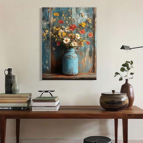 Framed Oil Painting Style Print Antique Metal Vase Wildflowers Pattern Background Rustic Vintage Floral Art Farmhouse Decor Rustic Wall Art Floral Mural Home Decor Gallery Poster 24x16 Inch - color: Light blue yellow, size: 24"x16"
