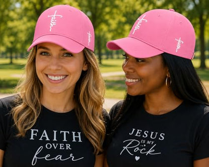 Christian Faith Cross Hats, Embroidered Baseball Caps for Men & Women - color: Pink/White