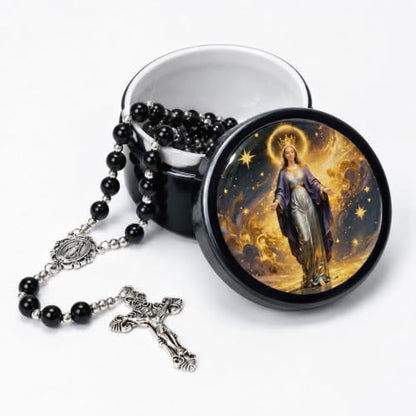 8mm Glass Pearl Rosary - Catholic Necklace for Men and Women Comes in a Metal Gift Box, First Communion Rosary Necklace as Gifts - color: Black