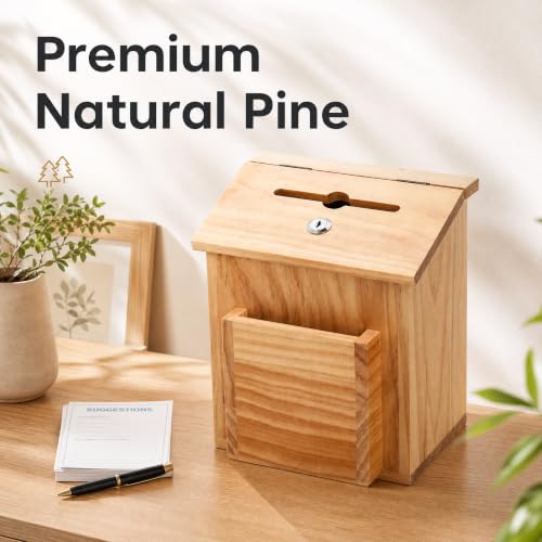 ZENFUN Wooden Suggestion Box with 50 Free Suggestion Cards, Natural Pinewood Ballot Comment Box Donation Box with Locking Hinged Lid for Countertop or Wall Mounted, 8.6" x 6.8" x 10"
