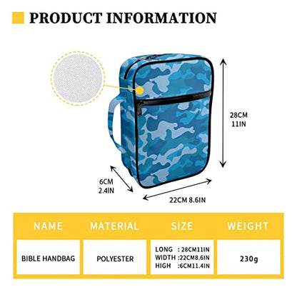Coldinair Blue Camo Print Bible Cover for Men,Carrying Book Case Church Bag Bible Holder Protector with Handle and Zipper Pocket - color: Blue Camo