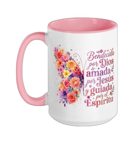 Bendecida Por Dios Amada Por Jesus Christian Spanish Floral Ceramic Mug, Pink/White, 15oz - color: Pink/White, size: 15 Ounces