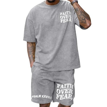 Men's Christian Shirt and Shorts Set Oversized Faith Over Fear T Shirt Washed Religious Bible Verse 2 Piece Outfits - color: Light Gray, size: Small