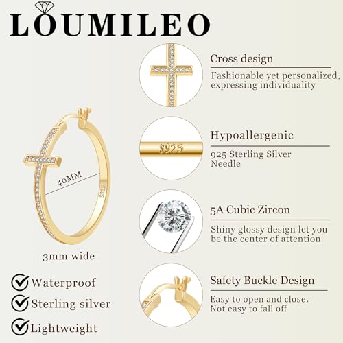 LOUMILEO Sterling Silver Cross Hoop Earrings for Women Rhinestone 20-40MM - color: Gold 40MM